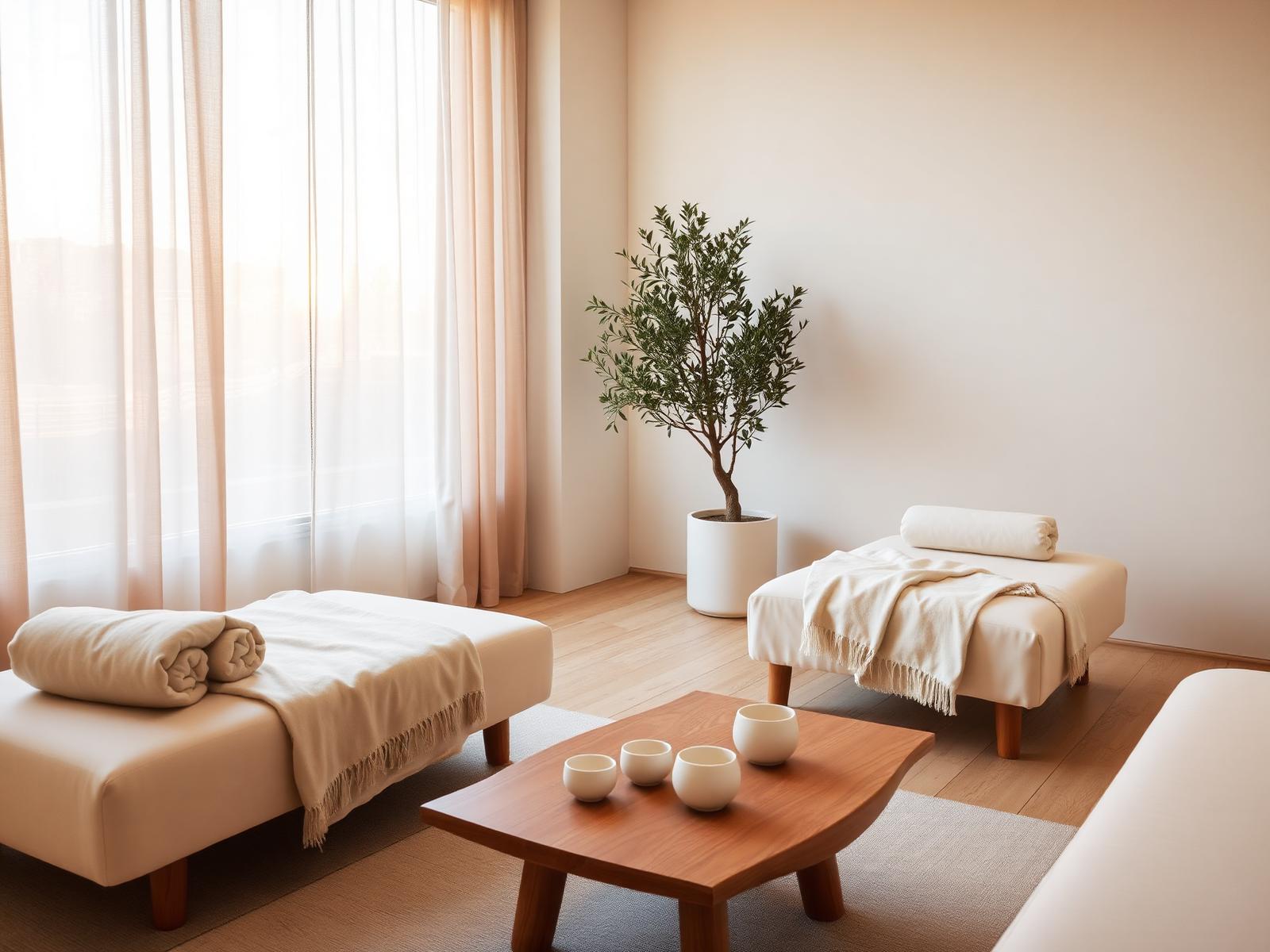 The relaxation lounge at The Hideaway spa, with two cream daybeds, a wooden tea table and soft natural light