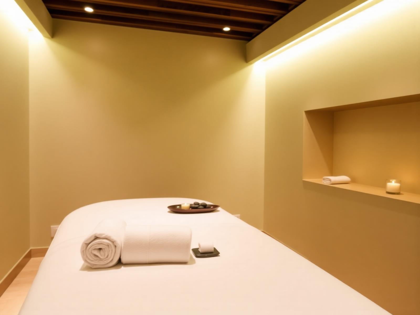 Private treatment room with warm lighting and rolled linen towels