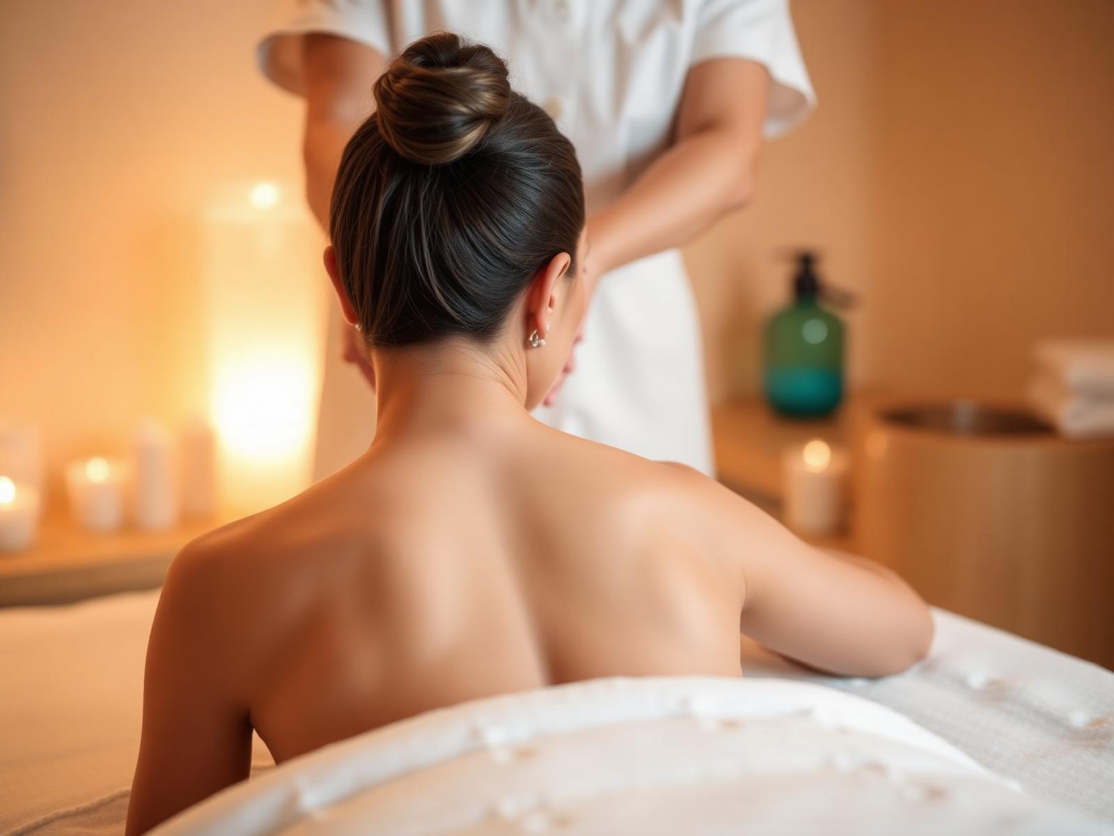 Calm guest receiving a gentle back massage in candlelight