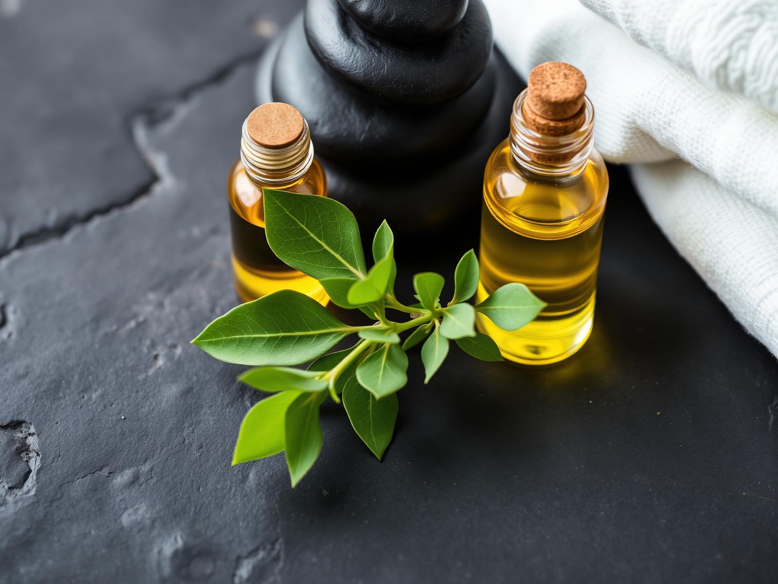 Spa oils, black stones and eucalyptus arranged on a dark slate surface